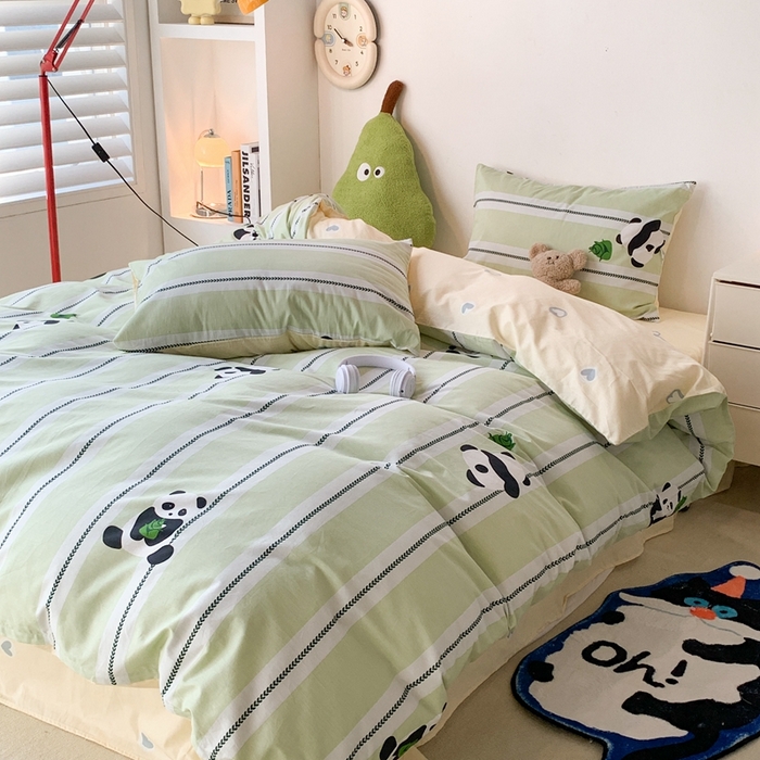 91家纺网 家纺一手货源 找家纺 昔可家纺 2024新款潮趣卡通系列全棉四件套 绿条熊猫