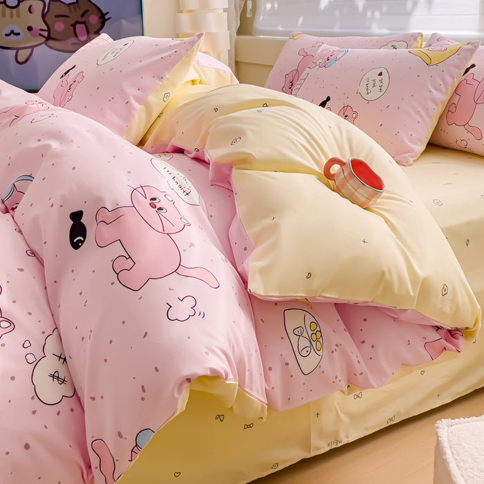 91家纺网 家纺一手货源 找家纺 金丝鸟 2024新款全棉四件套可爱卡通系列四件套 捉鱼小猫