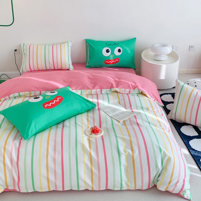 91家纺网 家纺一手货源 找家纺 澳萝拉 2024新款全棉条纹卡通大版四件套 彩虹糖