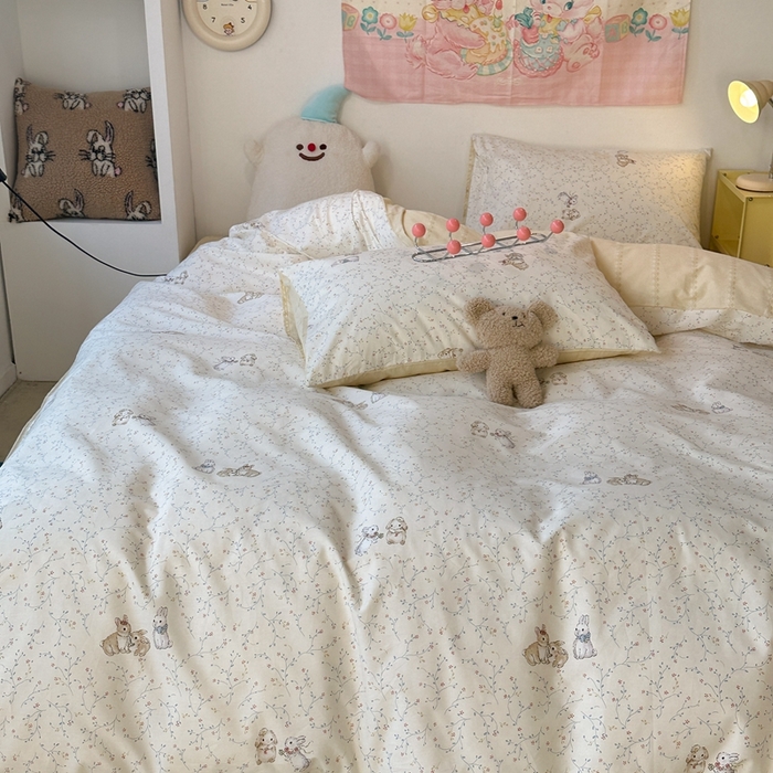 91家纺网 家纺一手货源 找家纺 昔可家纺 2024新款小清新系列全棉四件套 花枝兔