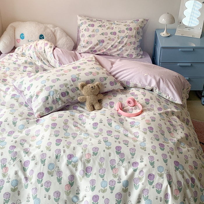 91家纺网 家纺一手货源 找家纺 昔可家纺 2024新款小清新系列全棉四件套 小郁金香猫猫