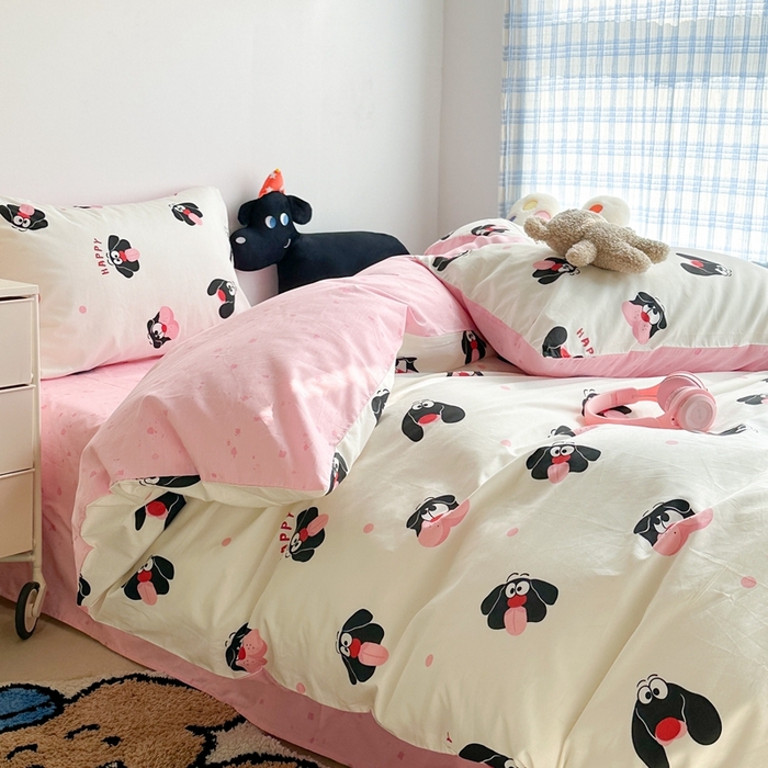 91家纺网 家纺一手货源 找家纺 昔可家纺 2024新款潮趣卡通系列全棉四件套 小黑狗