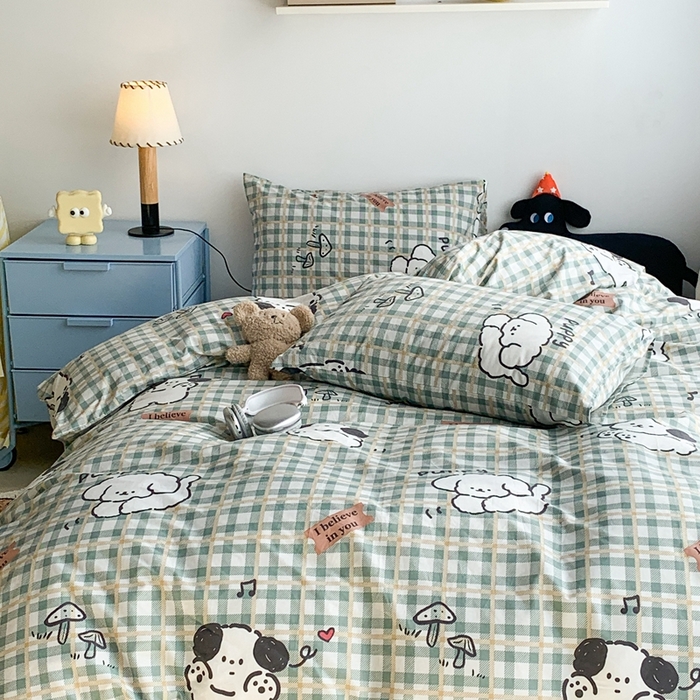 91家纺网 家纺一手货源 找家纺 昔可家纺 2023新款12月卡通全棉四件套 绿格子狗狗