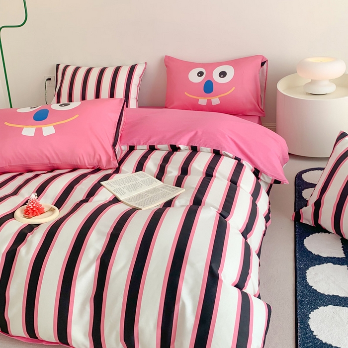 91家纺网 家纺一手货源 找家纺 澳萝拉 2024新款全棉条纹卡通大版四件套 小丑条纹-粉