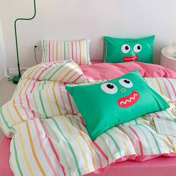 91家纺网 家纺一手货源 找家纺 澳萝拉 2024新款全棉条纹卡通大版四件套 彩虹糖