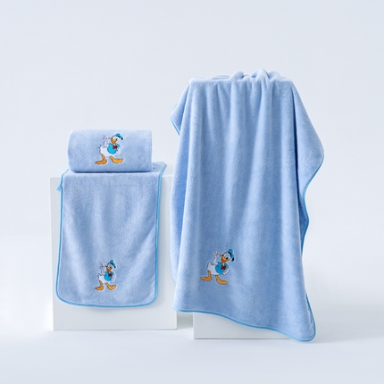 迪士尼毛巾浴巾套装珊瑚绒毛巾浴巾两件套直播引流福利吸水干发巾 唐老鸭-蓝色（简约边）毛巾浴巾套装