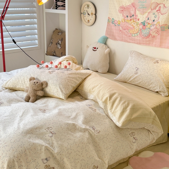 91家纺网 家纺一手货源 找家纺 昔可家纺 2024新款小清新系列全棉四件套 花枝兔