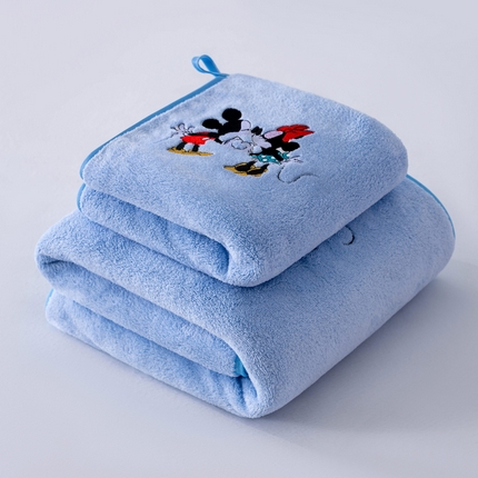 迪士尼毛巾浴巾套装珊瑚绒毛巾浴巾两件套直播引流福利吸水干发巾 kiss-蓝（简约边）毛巾浴巾套装
