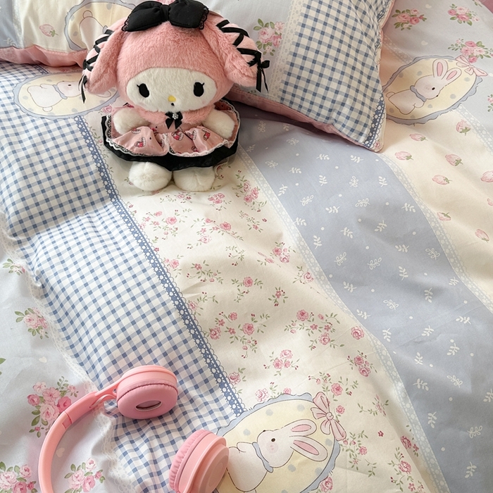 91家纺网 家纺一手货源 找家纺 昔可家纺 2024新款小清新系列全棉四件套 蓝格蕾丝花