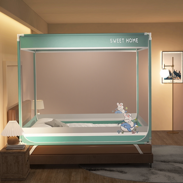 91家纺网 家纺一手货源 找家纺 迪凡保罗蚊帐 2025新款2403小兔子外穿杆防摔坐床蚊帐 小兔海岛蓝