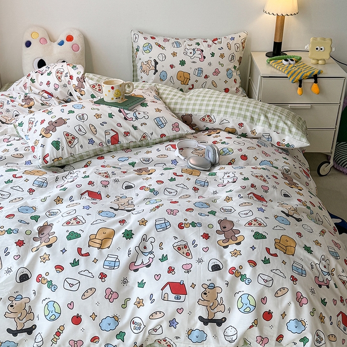 91家纺网 家纺一手货源 找家纺 昔可家纺 2024新款全棉萌趣卡通印花系列四件套 动物小屋