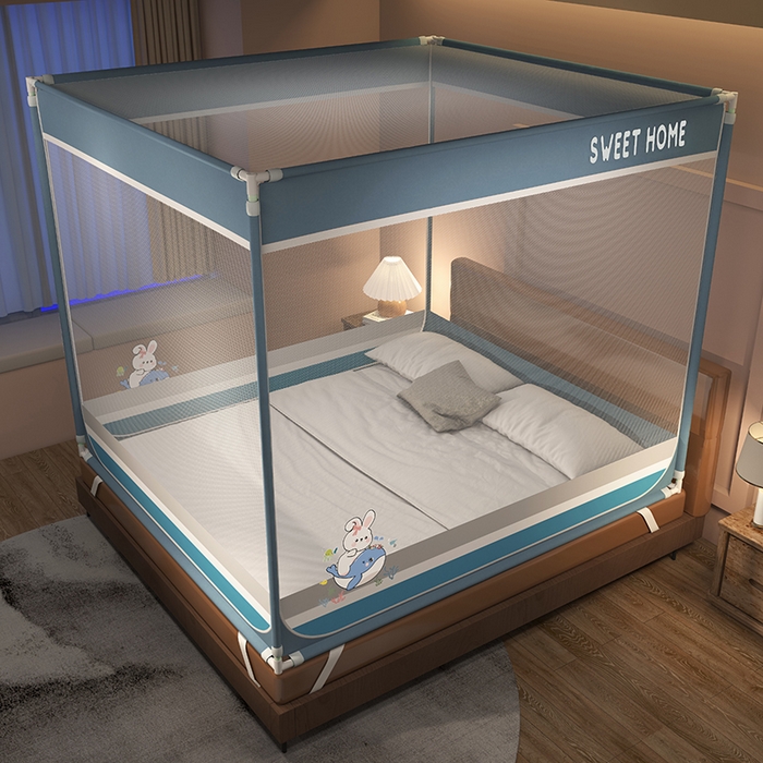 91家纺网 家纺一手货源 找家纺 迪凡保罗蚊帐 2025新款2403小兔子外穿杆防摔坐床蚊帐 小兔蓝灰