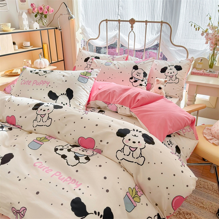 91家纺网 家纺一手货源 找家纺 名兮家居 2024新款卡通风系列全棉四件套 黑白小狗