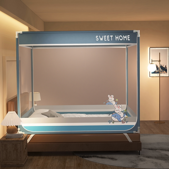 91家纺网 家纺一手货源 找家纺 迪凡保罗蚊帐 2025新款2403小兔子外穿杆防摔坐床蚊帐 小兔蓝灰