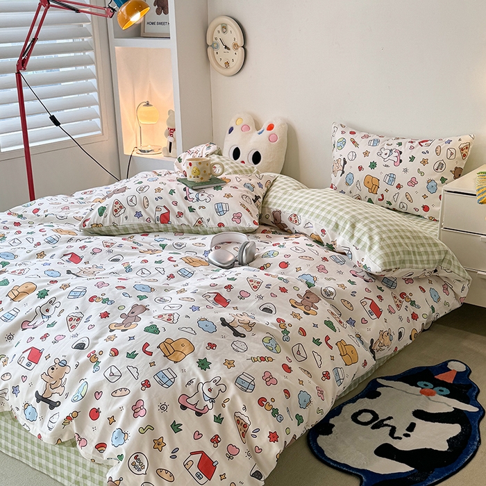 91家纺网 家纺一手货源 找家纺 昔可家纺 2024新款全棉萌趣卡通印花系列四件套 动物小屋