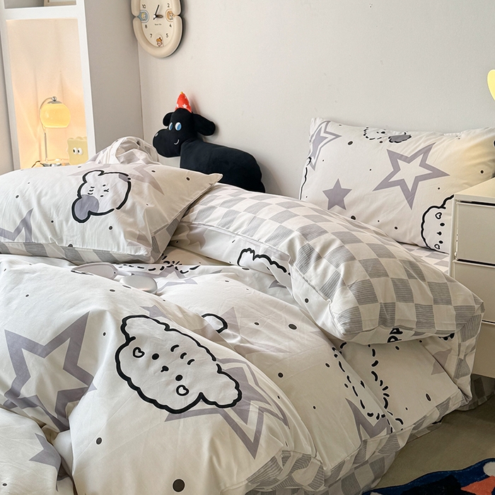 91家纺网 家纺一手货源 找家纺 昔可家纺 2024新款全棉萌趣卡通印花系列四件套 星星斑点狗