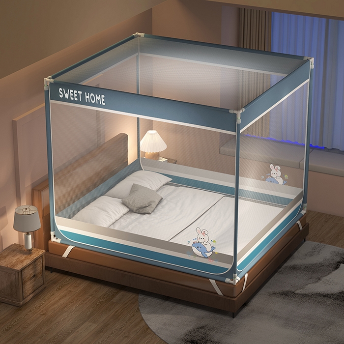 91家纺网 家纺一手货源 找家纺 迪凡保罗蚊帐 2025新款2403小兔子外穿杆防摔坐床蚊帐 小兔蓝灰