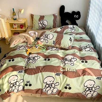 昔可家纺 2024新款全棉萌趣卡通印花系列四件套 黑樱桃狗狗