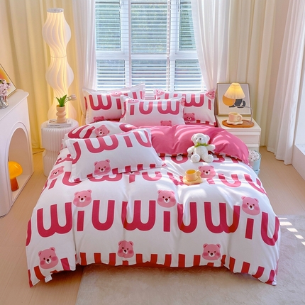 91家纺网 家纺一手货源 找家纺 金丝兔 2025新款高克重植物羊绒生态加厚磨毛印花四件套 多米熊