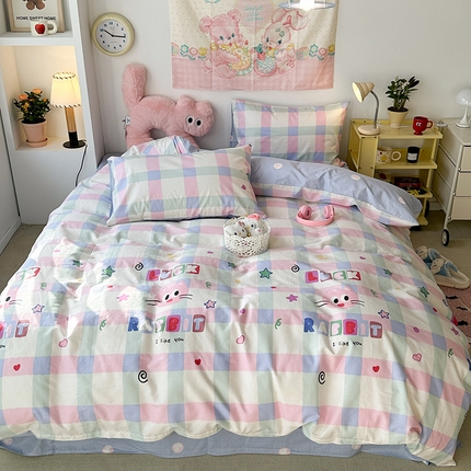 昔可家纺 2024新款全棉萌趣卡通印花系列四件套 彩格粉猫
