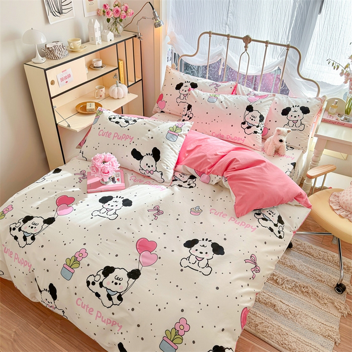 91家纺网 家纺一手货源 找家纺 名兮家居 2024新款卡通风系列全棉四件套 黑白小狗