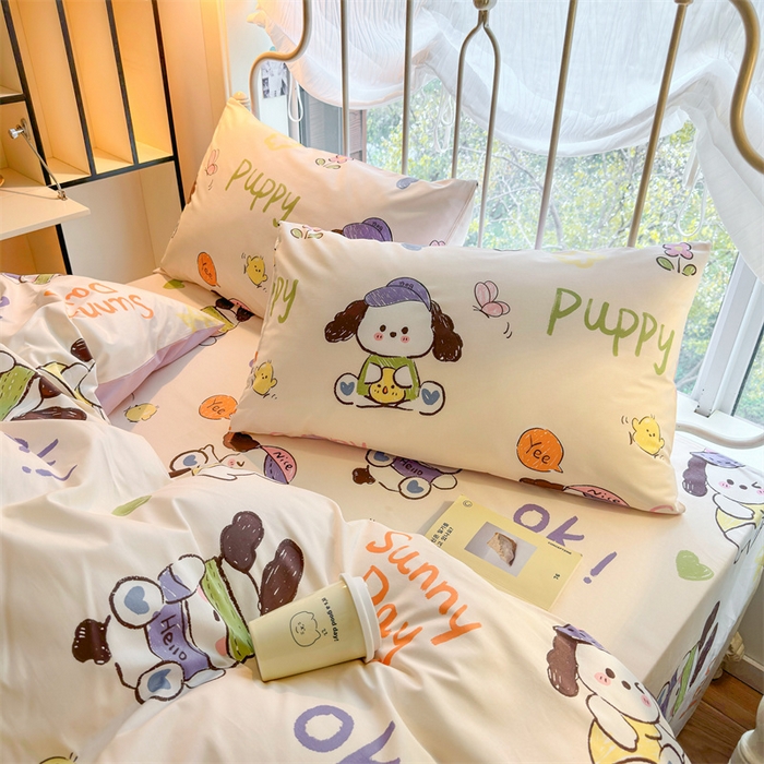 91家纺网 家纺一手货源 找家纺 名兮家居 2024新款卡通风系列全棉四件套 潮流小狗