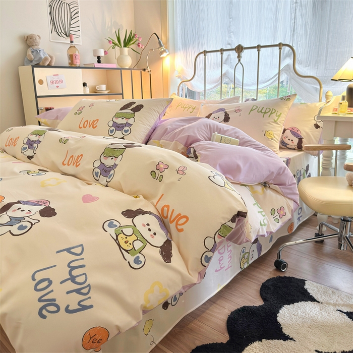 91家纺网 家纺一手货源 找家纺 名兮家居 2024新款卡通风系列全棉四件套 潮流小狗