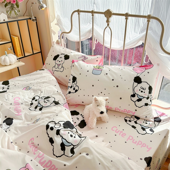 91家纺网 家纺一手货源 找家纺 名兮家居 2024新款卡通风系列全棉四件套 黑白小狗