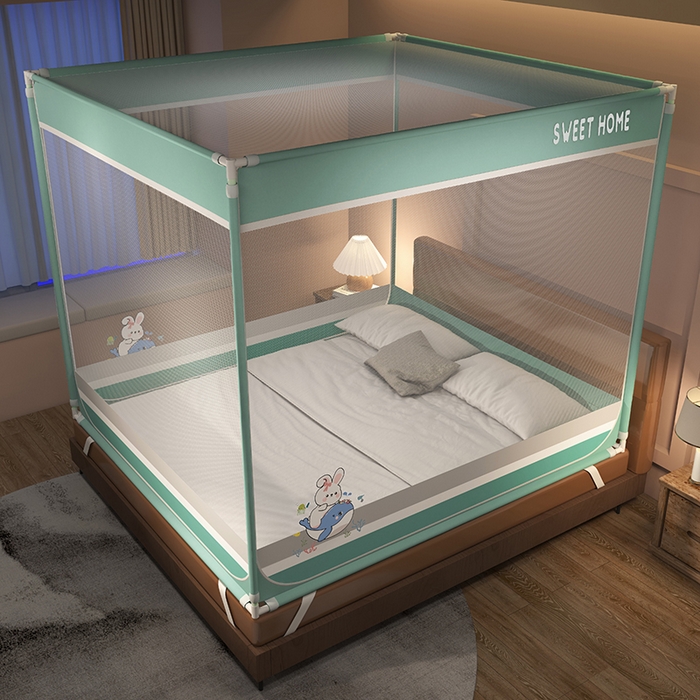 91家纺网 家纺一手货源 找家纺 迪凡保罗蚊帐 2025新款2403小兔子外穿杆防摔坐床蚊帐 小兔海岛蓝