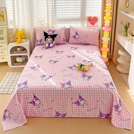 91家纺网 家纺一手货源 找家纺 名兮家居 2024新款三丽鸥系列全棉单床单 格子库洛米