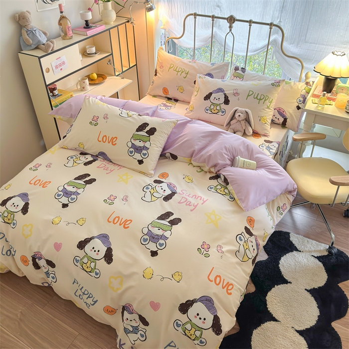 91家纺网 家纺一手货源 找家纺 名兮家居 2024新款卡通风系列全棉四件套 潮流小狗