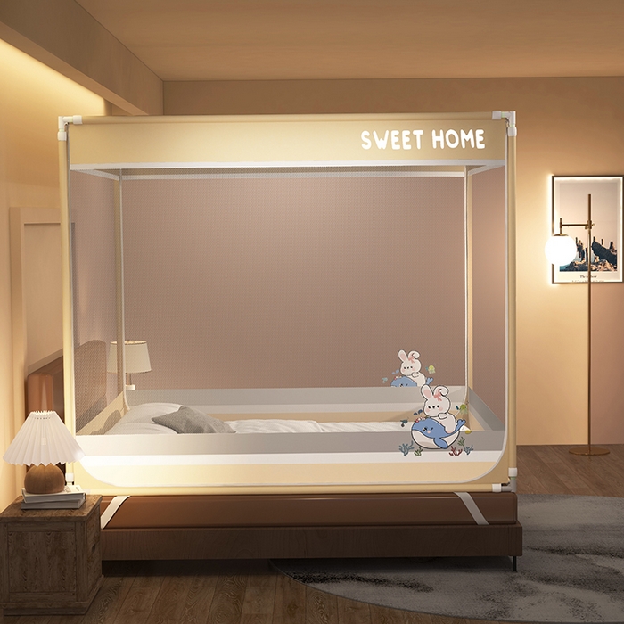 91家纺网 家纺一手货源 找家纺 迪凡保罗蚊帐 2025新款2403小兔子外穿杆防摔坐床蚊帐 小兔驼色