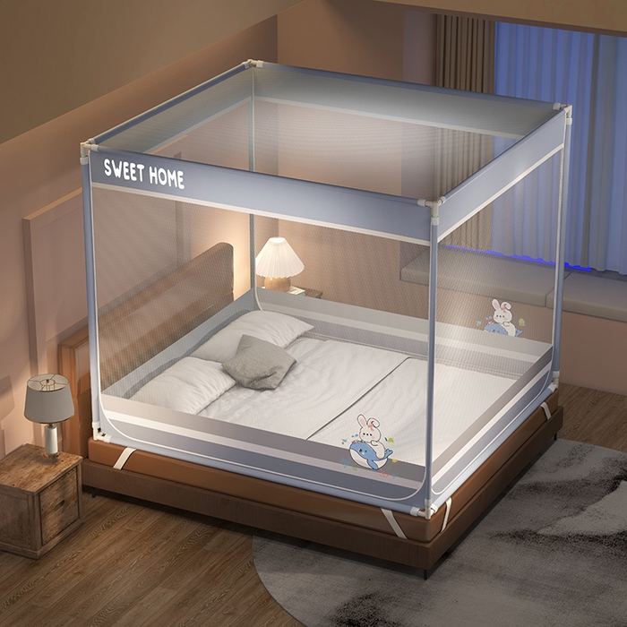 91家纺网 家纺一手货源 找家纺 迪凡保罗蚊帐 2025新款2403小兔子外穿杆防摔坐床蚊帐 小兔月光灰