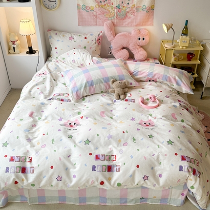 昔可家纺 2024新款全棉萌趣卡通印花系列四件套 彩色点点粉猫