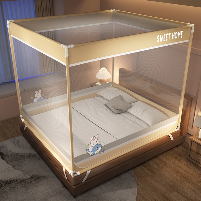 91家纺网 家纺一手货源 找家纺 迪凡保罗蚊帐 2025新款2403小兔子外穿杆防摔坐床蚊帐 小兔驼色