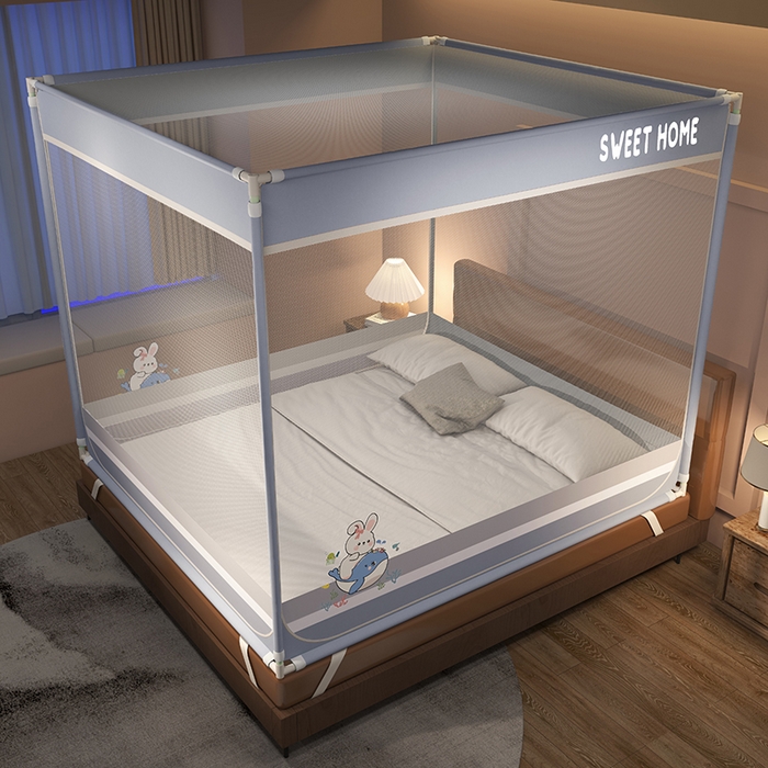 91家纺网 家纺一手货源 找家纺 迪凡保罗蚊帐 2025新款2403小兔子外穿杆防摔坐床蚊帐 小兔月光灰