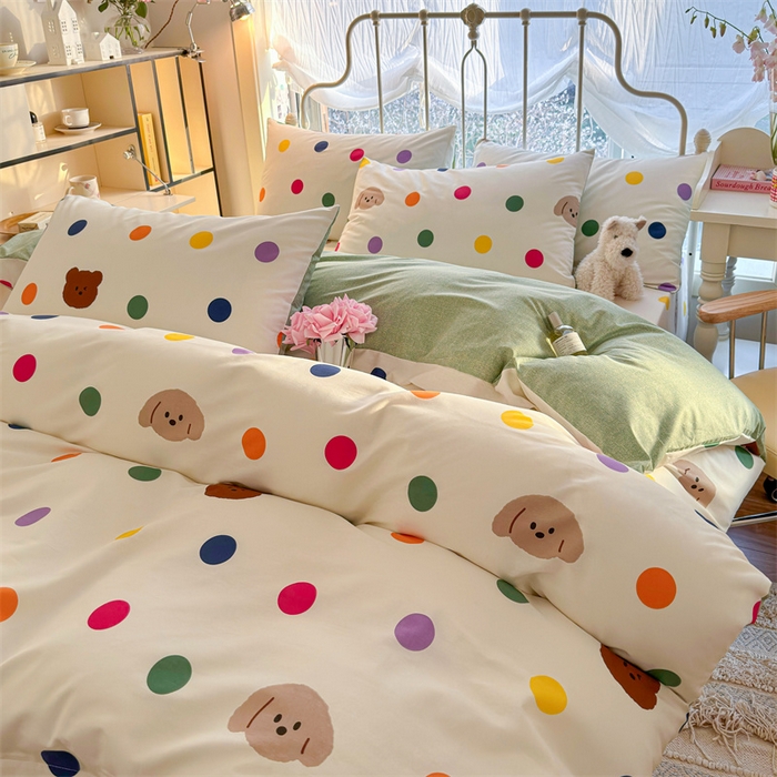 91家纺网 家纺一手货源 找家纺 名兮家居 2024新款卡通风系列全棉四件套 波点小熊
