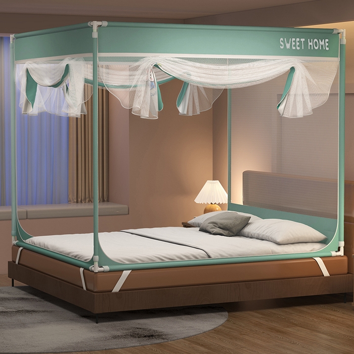 91家纺网 家纺一手货源 找家纺 迪凡保罗蚊帐 2025新款2403小兔子外穿杆防摔坐床蚊帐 小兔海岛蓝