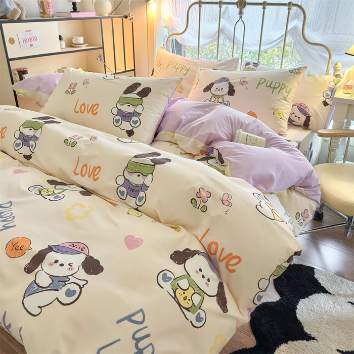 91家纺网 家纺一手货源 找家纺 名兮家居 2024新款卡通风系列全棉四件套 潮流小狗