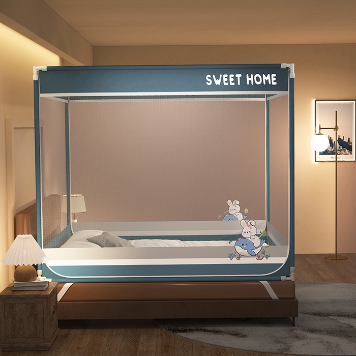 91家纺网 家纺一手货源 找家纺 迪凡保罗蚊帐 2025新款2403小兔子外穿杆防摔坐床蚊帐 小兔深灰