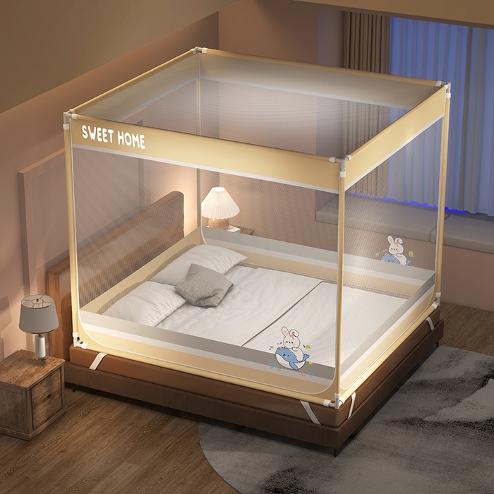 91家纺网 家纺一手货源 找家纺 迪凡保罗蚊帐 2025新款2403小兔子外穿杆防摔坐床蚊帐 小兔驼色