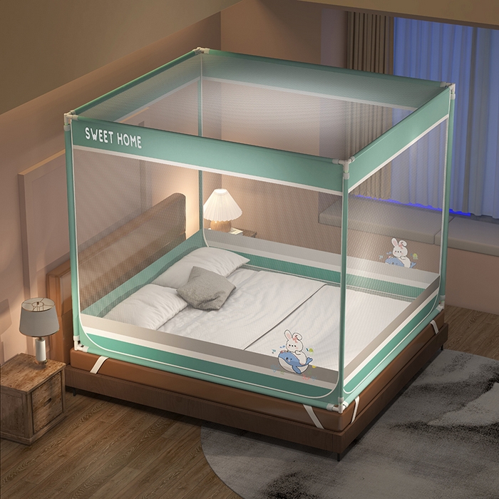 91家纺网 家纺一手货源 找家纺 迪凡保罗蚊帐 2025新款2403小兔子外穿杆防摔坐床蚊帐 小兔海岛蓝