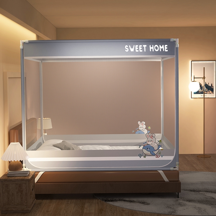 91家纺网 家纺一手货源 找家纺 迪凡保罗蚊帐 2025新款2403小兔子外穿杆防摔坐床蚊帐 小兔月光灰