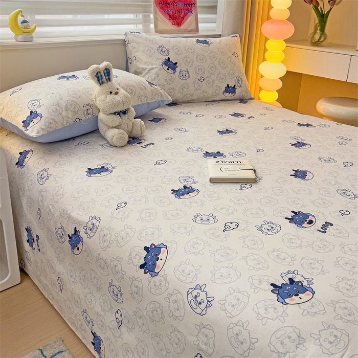 91家纺网 家纺一手货源 找家纺 名兮家居 2024新款小清新全棉单品床单 龙宝宝-蓝