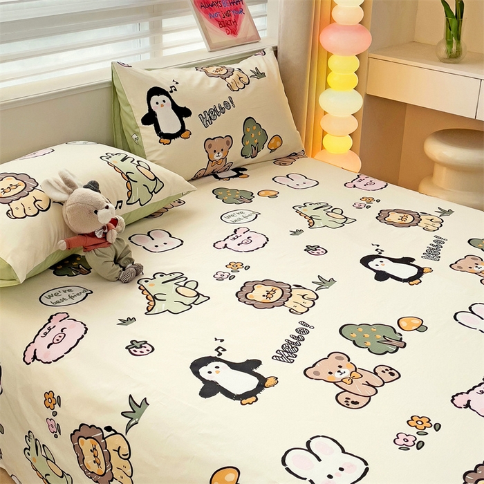 91家纺网 家纺一手货源 找家纺 名兮家居 2024新款小清新全棉单品床单 动物世界