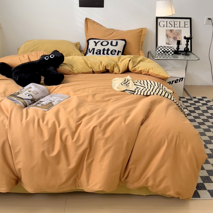 91家纺网 家纺一手货源 找家纺 恩泽家纺 2026新款全棉13372纯色双拼系列四件套 红驼+卡其