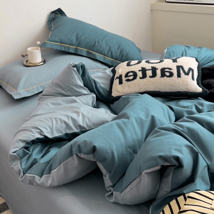 91家纺网 家纺一手货源 找家纺 恩泽家纺 2024新款全棉13372纯色双拼系列四件套 宝蓝+月白兰