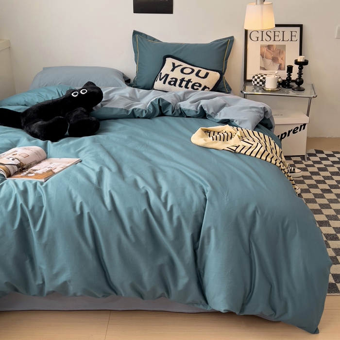 91家纺网 家纺一手货源 找家纺 恩泽家纺 2024新款全棉13372纯色双拼系列四件套 宝蓝+月白兰