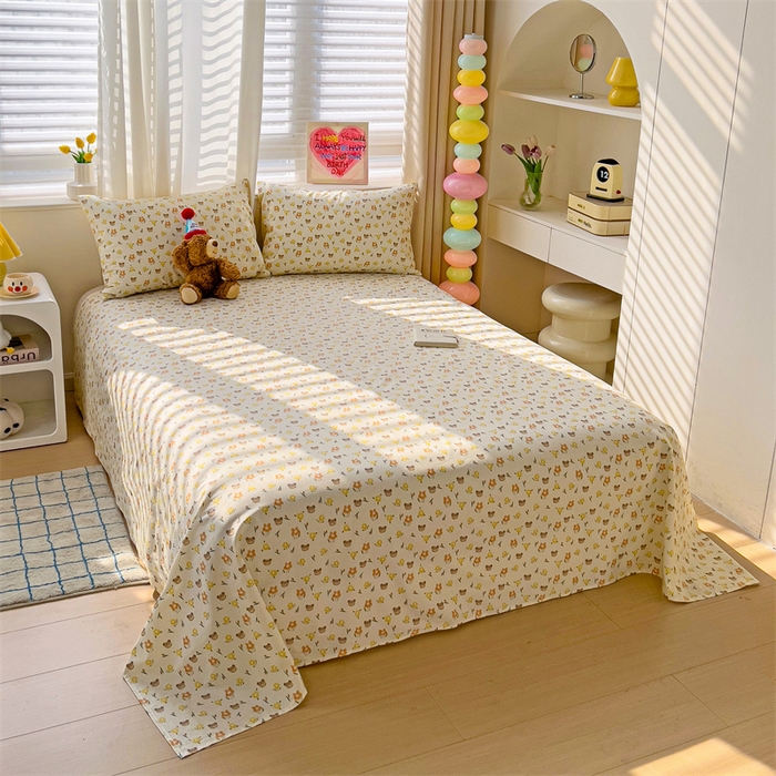 91家纺网 家纺一手货源 找家纺 名兮家居 2024新款小清新全棉单品床单 花与熊