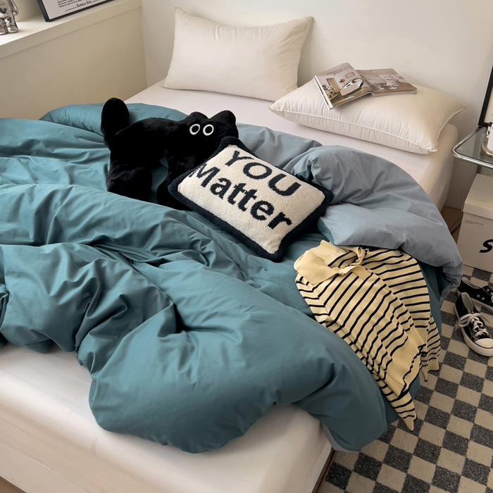 91家纺网 家纺一手货源 找家纺 恩泽家纺 2024新款全棉13372纯色双拼系列单被套 宝蓝+月白兰